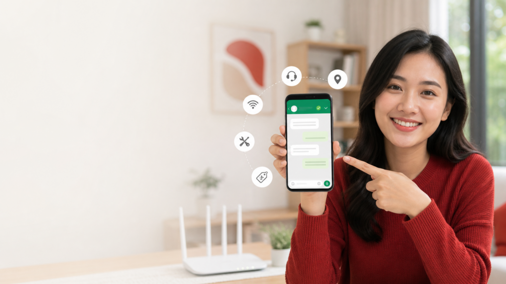 Pelanggan menghubungi WhatsApp Official Biznet Home Care untuk bantuan layanan Internet.